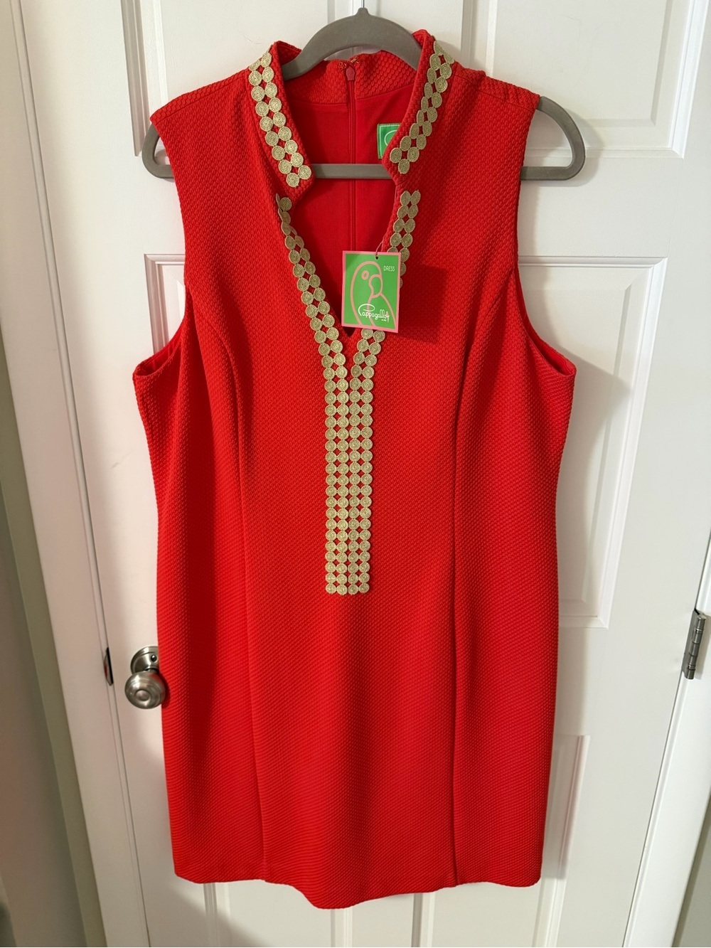 NWT Pappagallo Coral Red Sleeveless Shift Dress with Gold Trim Preppy Size 16
